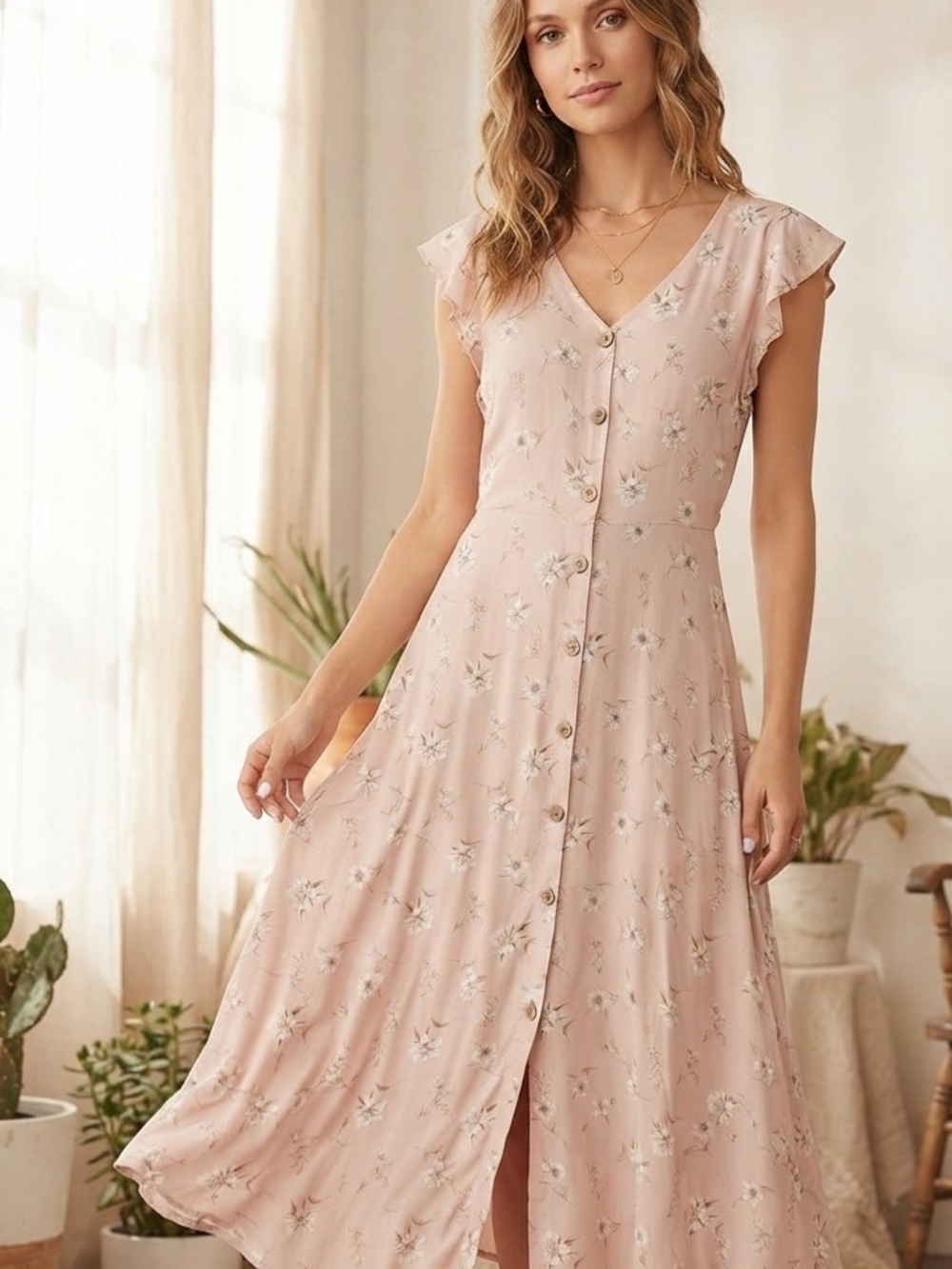 Naïf Pink Floral Ruffle Sleeve Button Front Midi Dress Size S Cottagecore